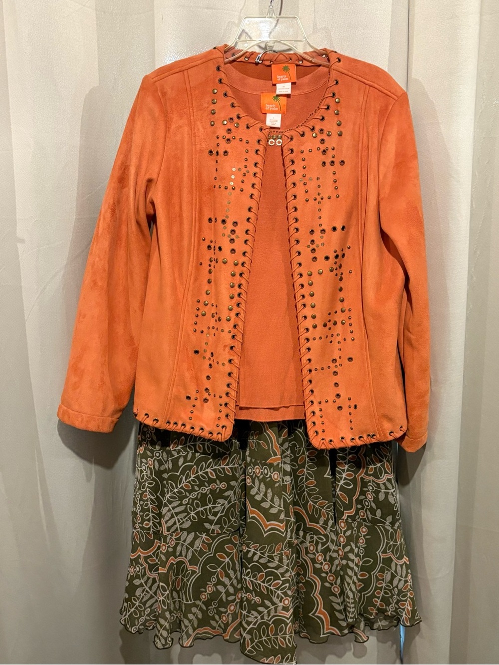Heart of Palm Women's Orange Stud-Trim Suede Jacket, Sweater Tank & Skirt